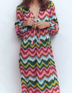 Boden Robes & Combinaisons|Longues-Caftan bohème avec liens au col Multi, vague zigzag