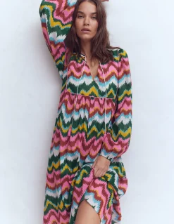 Boden Robes & Combinaisons|Longues-Caftan bohème avec liens au col Multi, vague zigzag