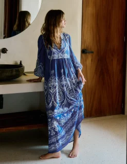Boden Robes & Combinaisons|Longues-Caftan bohème avec liens au col Motif Ornamental Garden bleu