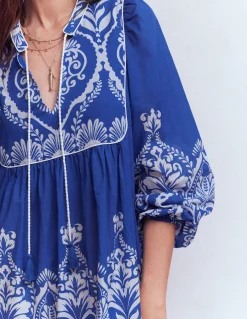 Boden Robes & Combinaisons|Longues-Caftan bohème avec liens au col Motif Ornamental Garden bleu