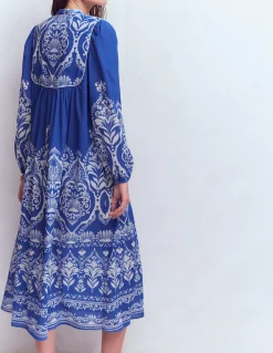 Boden Robes & Combinaisons|Longues-Caftan bohème avec liens au col Motif Ornamental Garden bleu