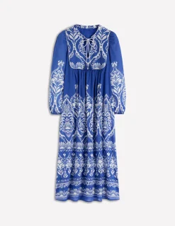 Boden Robes & Combinaisons|Longues-Caftan bohème avec liens au col Motif Ornamental Garden bleu