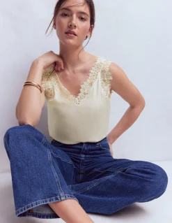 Boden Chemises & Blouses|Tops & T-Shirts-Caraco en soie mélangée à détails en dentelle Ivoire