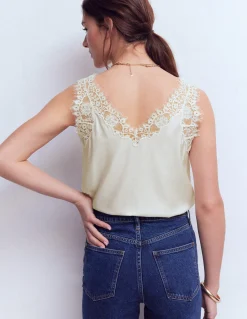 Boden Chemises & Blouses|Tops & T-Shirts-Caraco en soie mélangée à détails en dentelle Ivoire