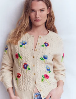 Boden Pulls & Gilets-Cardigan Liv à torsades et broderie Avoine chiné
