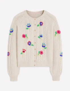 Boden Pulls & Gilets-Cardigan Liv à torsades et broderie Avoine chiné
