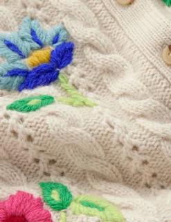 Boden Pulls & Gilets-Cardigan Liv à torsades et broderie Avoine chiné