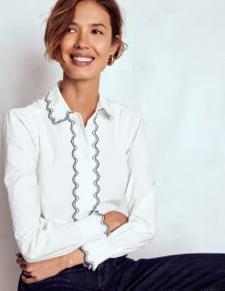 Boden Chemises & Blouses|Tops & T-Shirts-Chemise brodée en coton Blanc, broderie bleu marine