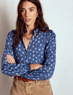 Boden Tops & T-Shirts-Chemise Effie à smocks Bleu marine authentique, motif Flower Press petit