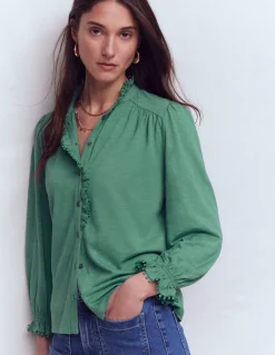 Boden Tops & T-Shirts-Chemise Emily à volants et pompons Jungle profond