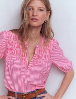 Boden Tops & T-Shirts-Chemise manches courtes Mya à smocks Rayé punch rose et ivoire