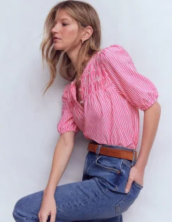 Boden Tops & T-Shirts-Chemise manches courtes Mya à smocks Rayé punch rose et ivoire