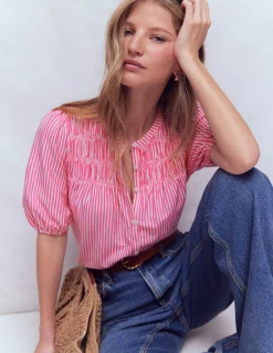 Boden Tops & T-Shirts-Chemise manches courtes Mya à smocks Rayé punch rose et ivoire