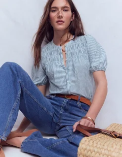 Boden Tops & T-Shirts-Chemise manches courtes Mya à smocks Rayé bleu français et ivoire