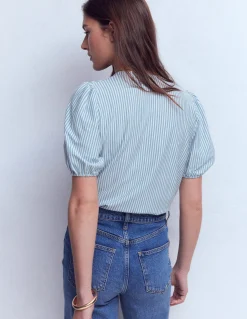 Boden Tops & T-Shirts-Chemise manches courtes Mya à smocks Rayé bleu français et ivoire