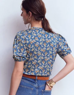 Boden Tops & T-Shirts-Chemise manches courtes Mya à smocks Bleu marine authentique, motif Dainty Blooms