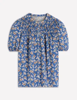 Boden Tops & T-Shirts-Chemise manches courtes Mya à smocks Bleu marine authentique, motif Dainty Blooms
