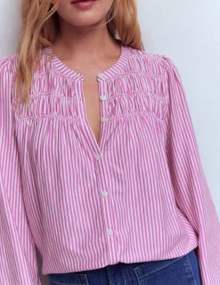 Boden Tops & T-Shirts-Chemise Mya smockée en jersey Rayé violet trèfle et ivoire