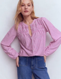 Boden Tops & T-Shirts-Chemise Mya smockée en jersey Rayé violet trèfle et ivoire