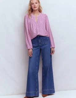 Boden Tops & T-Shirts-Chemise Mya smockée en jersey Rayé violet trèfle et ivoire