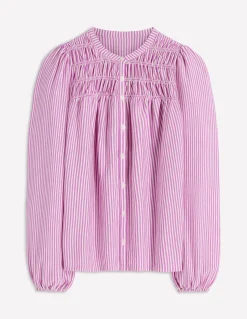 Boden Tops & T-Shirts-Chemise Mya smockée en jersey Rayé violet trèfle et ivoire