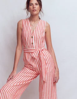 Boden Robes & Combinaisons|Robes Coupe Petite-Combinaison Laura à col V en lin Rayé rouge, ivoire