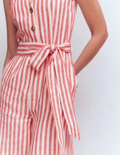 Boden Robes & Combinaisons|Robes Coupe Petite-Combinaison Laura à col V en lin Rayé rouge, ivoire