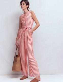 Boden Robes & Combinaisons|Robes Coupe Petite-Combinaison Laura à col V en lin Rayé rouge, ivoire