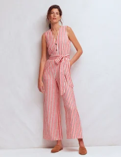 Boden Robes & Combinaisons|Robes Coupe Petite-Combinaison Laura à col V en lin Rayé rouge, ivoire