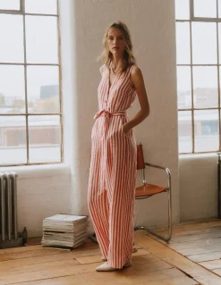 Boden Robes & Combinaisons|Robes Coupe Petite-Combinaison Laura à col V en lin Rayé rouge, ivoire