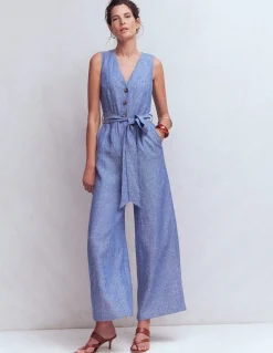Boden Robes & Combinaisons|Robes Coupe Petite-Combinaison Laura à col V en lin Chambray bleu authentique