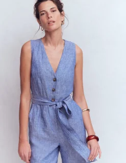 Boden Robes & Combinaisons|Robes Coupe Petite-Combinaison Laura à col V en lin Chambray bleu authentique