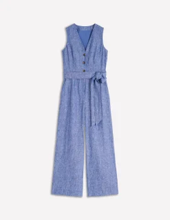 Boden Robes & Combinaisons|Robes Coupe Petite-Combinaison Laura à col V en lin Chambray bleu authentique