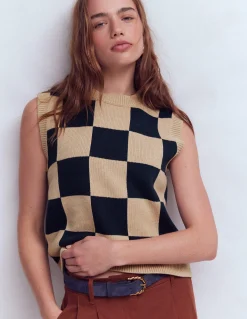 Boden Pulls & Gilets-Débardeur Lucy en coton Carreaux camel/bleu marine