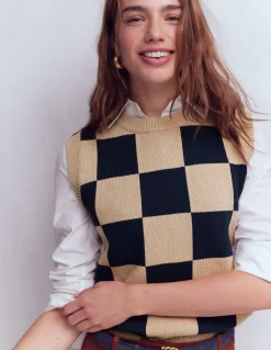 Boden Pulls & Gilets-Débardeur Lucy en coton Carreaux camel/bleu marine