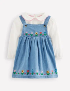 Boden Barboteuses & Ensembles-Ensemble avec robe chasuble brodée Broderie florale chambray