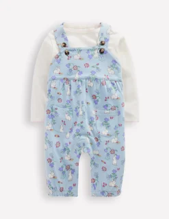 Boden Barboteuses & Ensembles-Ensemble avec salopette en jersey Fleurs et lapins bleu brumeux