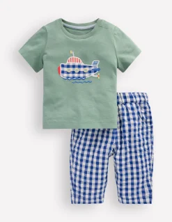 Boden Barboteuses & Ensembles-Ensemble tissé en jersey Vichy vert sous-marin/bleu