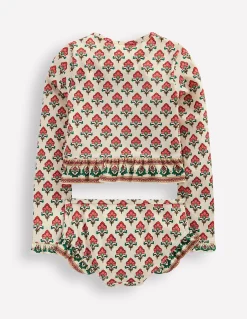 Boden Maillots & Tenues De Plage-Ensemble volanté à manches longues Motif floral xylographique ivoire doux