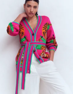 Boden Pulls & Gilets-Gilet à ceinture en jacquard Tigres achillée rose