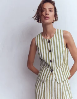 Boden Ensembles Assortis|Manteaux & Vestes-Gilet de costume col U en lin Rayé olive, ivoire