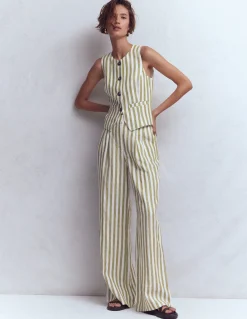 Boden Ensembles Assortis|Manteaux & Vestes-Gilet de costume col U en lin Rayé olive, ivoire