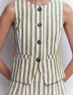 Boden Ensembles Assortis|Manteaux & Vestes-Gilet de costume col U en lin Rayé olive, ivoire