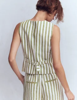 Boden Ensembles Assortis|Manteaux & Vestes-Gilet de costume col U en lin Rayé olive, ivoire