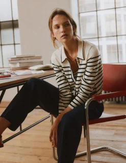 Boden Tenues De Travail|Pulls & Gilets-Gilet Liz en maille à col Ivoire/bleu marine