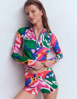 Boden Maillots De Bain-Haut de plage à manches raglan et protection solaire Multi, motif Leafy Cascade