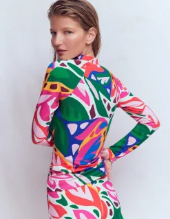 Boden Maillots De Bain-Haut de plage à manches raglan et protection solaire Multi, motif Leafy Cascade