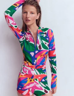 Boden Maillots De Bain-Haut de plage à manches raglan et protection solaire Multi, motif Leafy Cascade