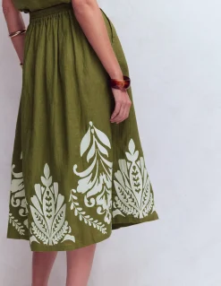 Boden Jupes-Jupe midi Verity en lin Broderie vert des bois