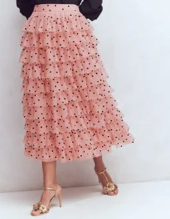 Boden Jupes-Jupe volantée en tulle Pois peints roses